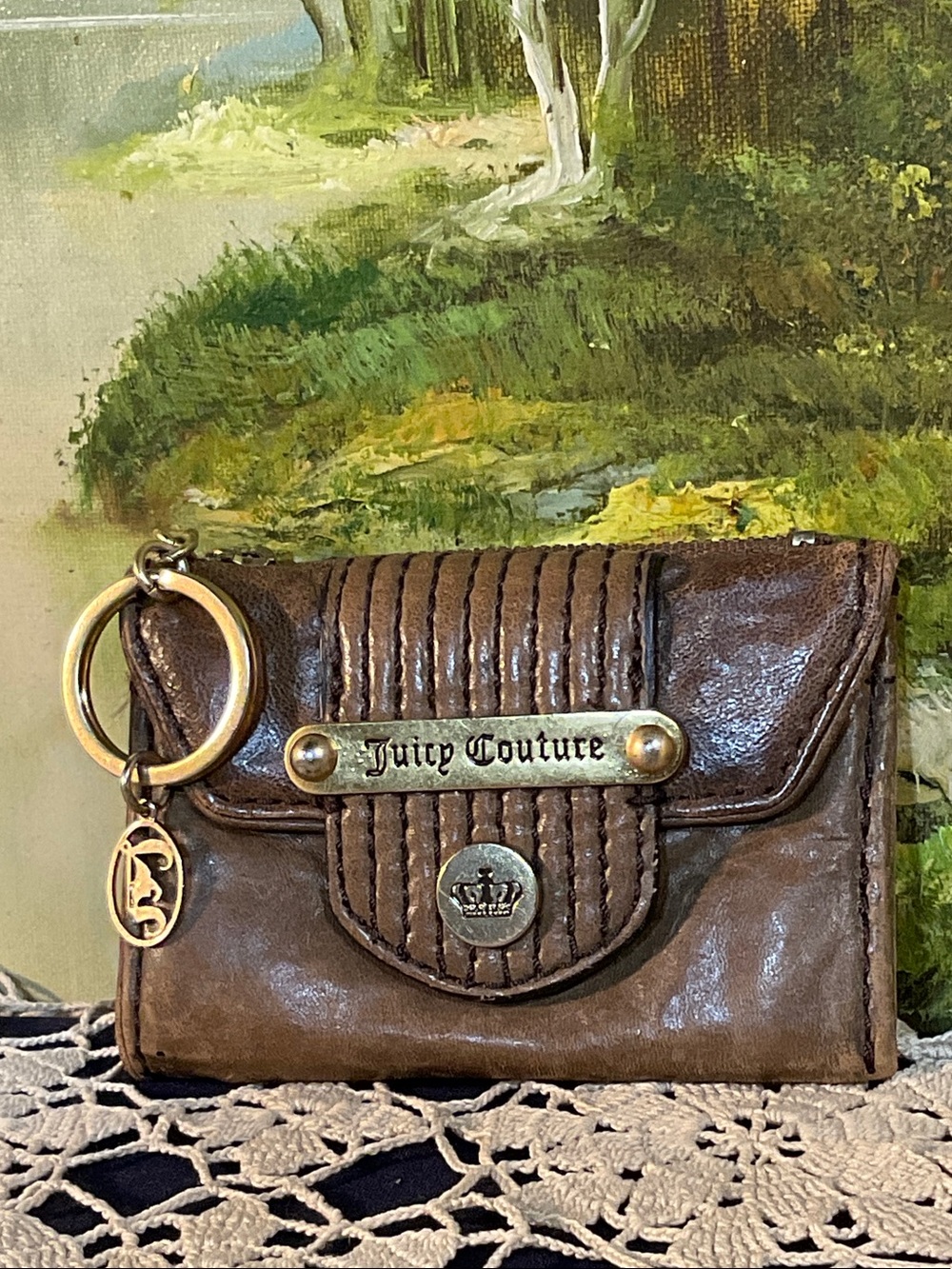Y2K Juicy Couture Brown Leather Key & Card Holder with Gold Hardware